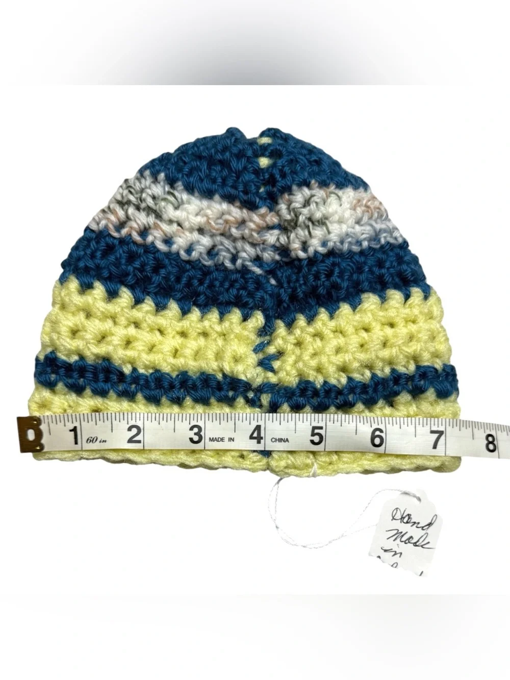 NWT Hand Made Knit Hat Yellow Blue 0-3 Mons
